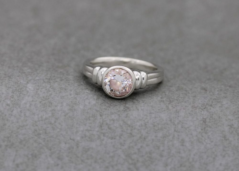 Bold sterling silver & very pale pink solitaire ring