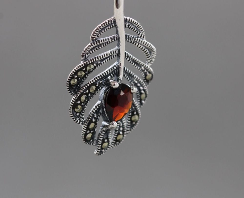 Sterling silver, marcasite & garnet feather necklace