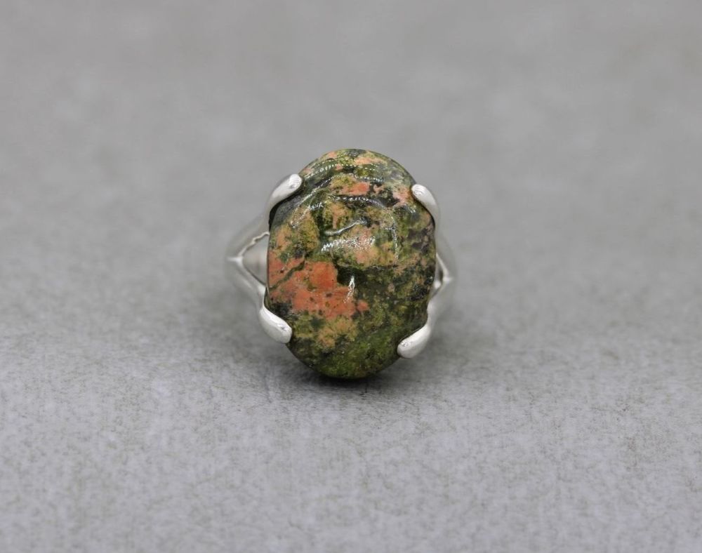 Statement sterling silver & unakite ring