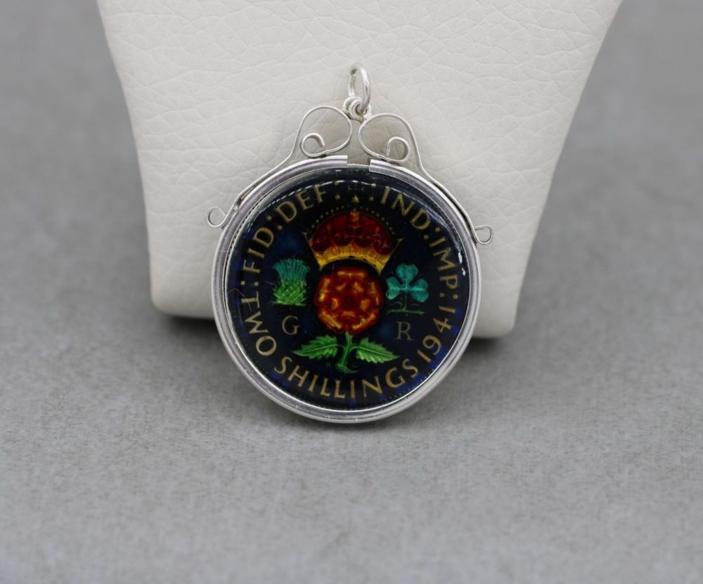 Vintage silver framed & enamelled 'Two Shillings' coin pendant