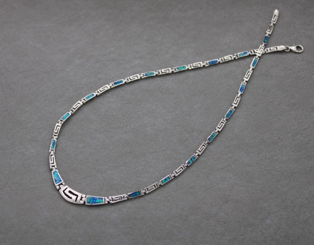 Sterling silver & imitation blue opal collar necklace with a Greek key desi