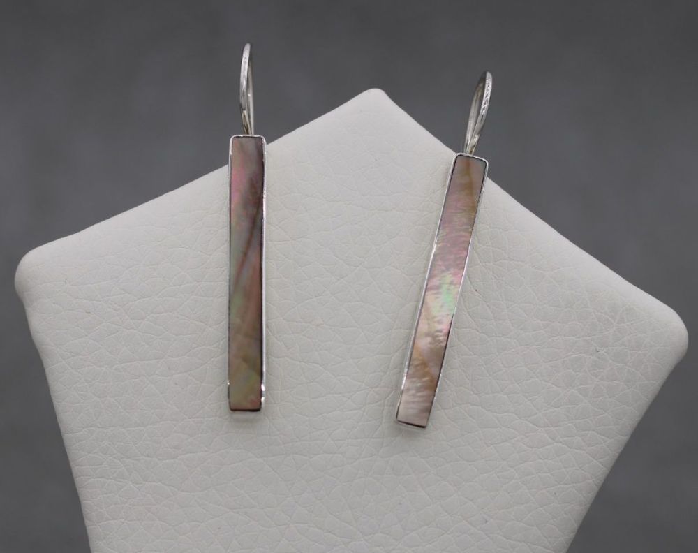 Long slim sterling silver & mother of pearl earrings