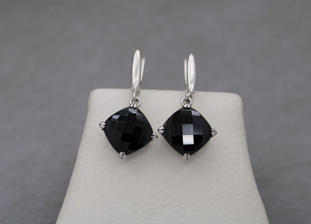 Sterling silver & faceted black / extremely dark red stone dropper earrings