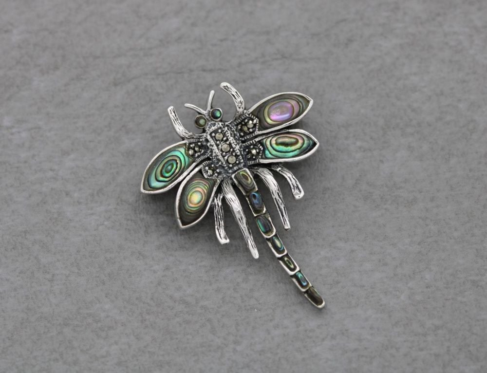 Sterling silver, marcasite & abalone dragonfly brooch