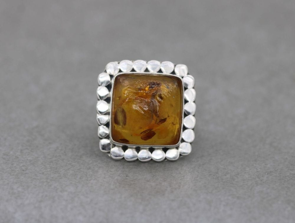 Bold square sterling silver & amber ring