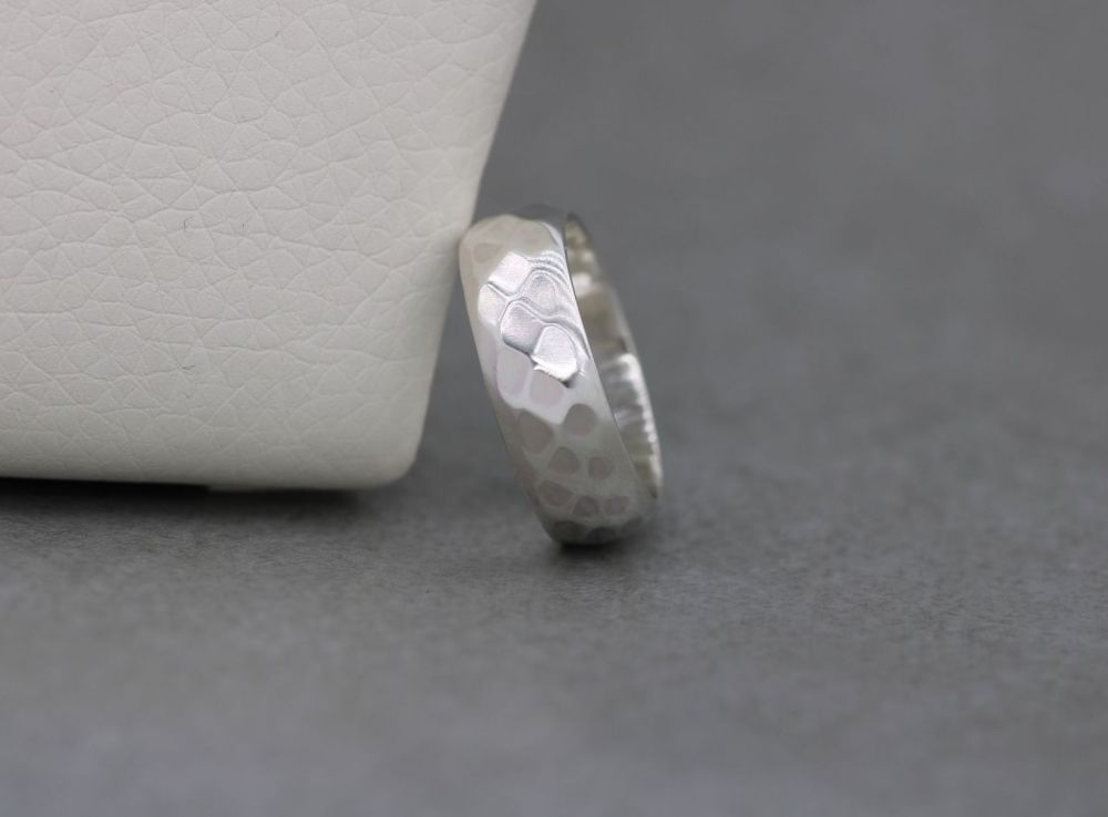 Hammered sterling silver 'D' profile ring