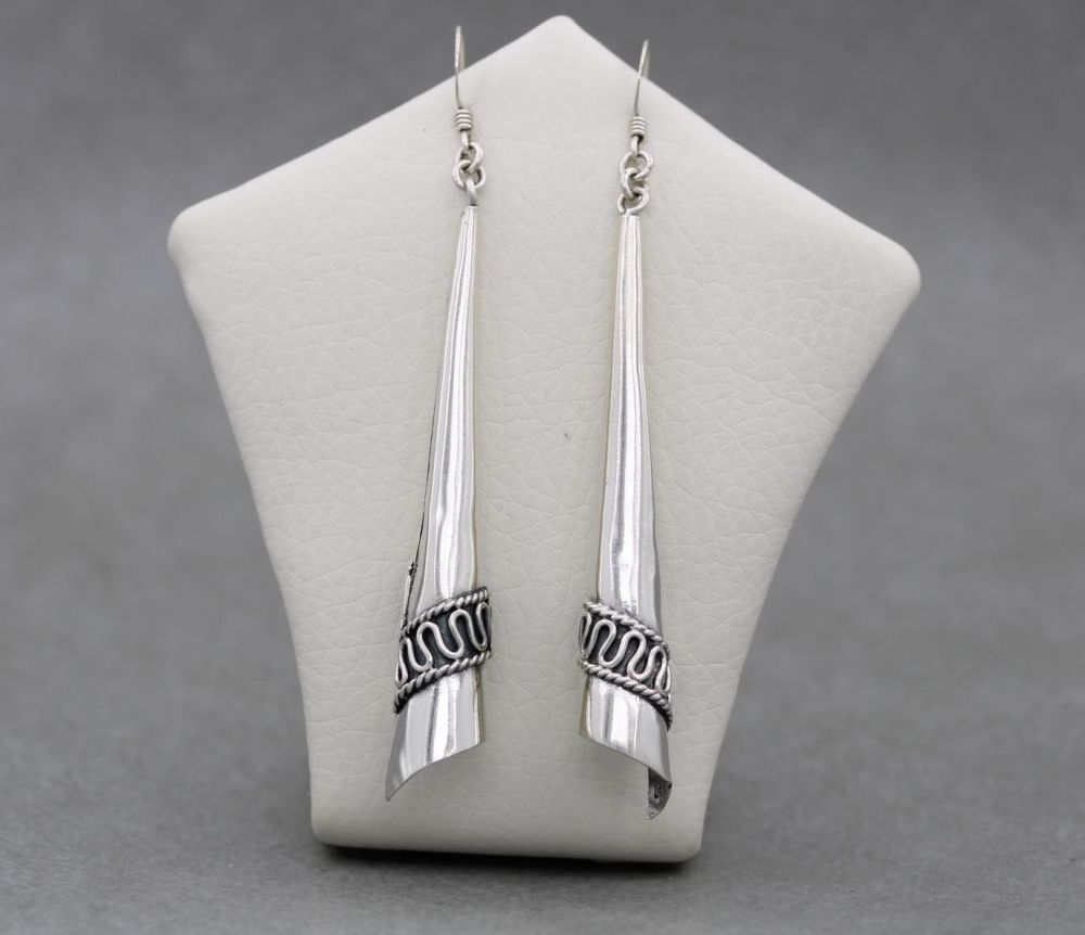 Long sterling silver Bali cone dropper earrings