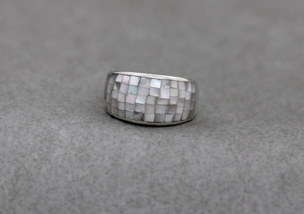 Sterling silver & mosaic mother of pearl ring