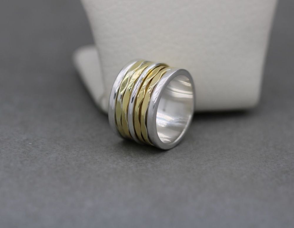 Long sterling silver spinner ring with 5 moving bands (N)