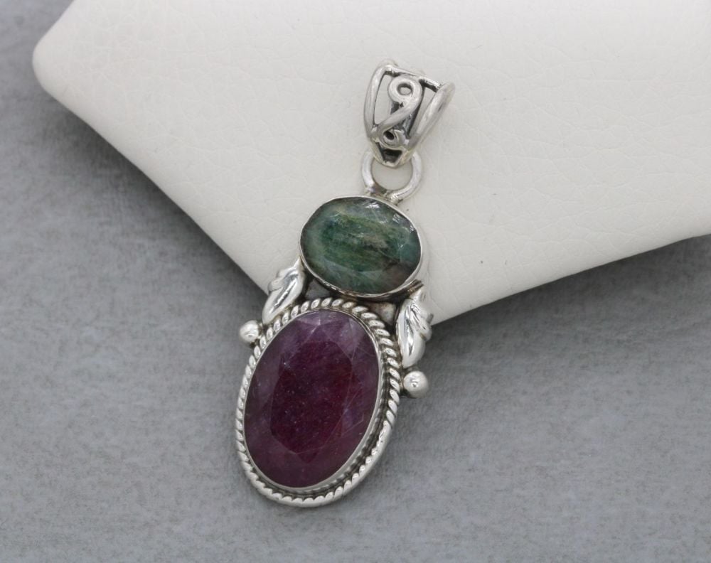 Sterling silver, emerald & ruby pendant