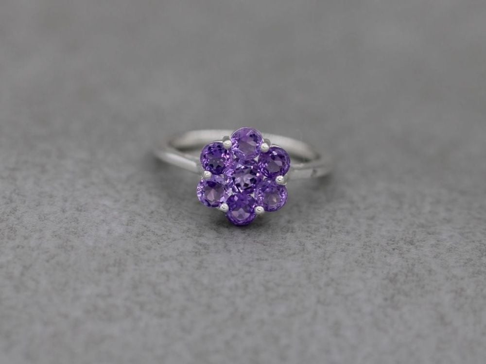 Sterling silver & amethyst cluster ring (M 1/2)