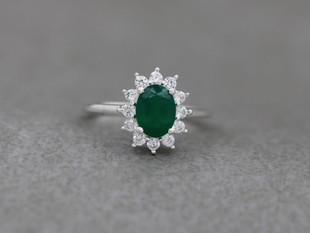 Sterling silver cluster ring with green onyx & clear zircon