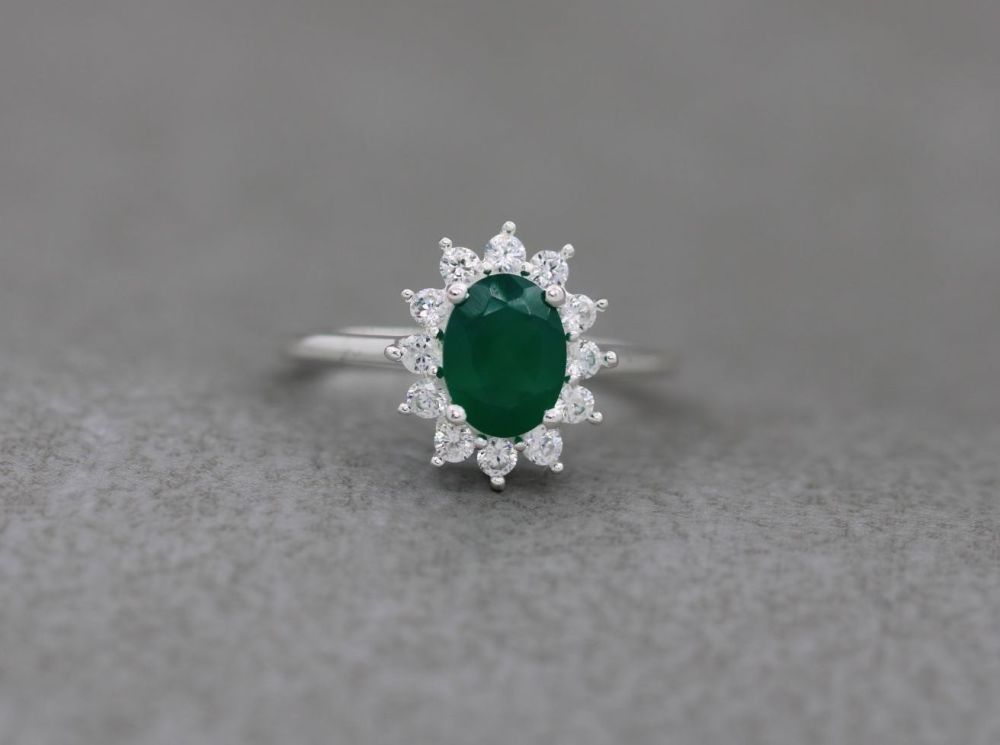 Sterling silver cluster ring with green onyx & clear zircon (P)