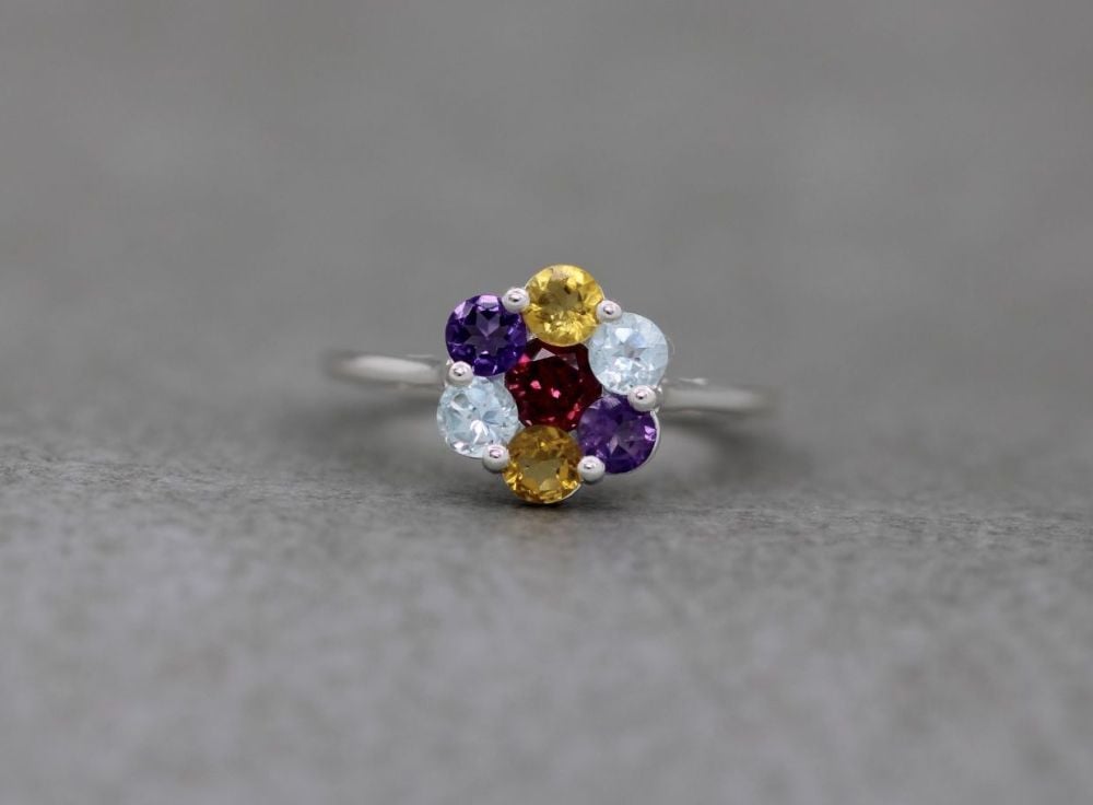 Sterling silver & multi gemstone cluster ring