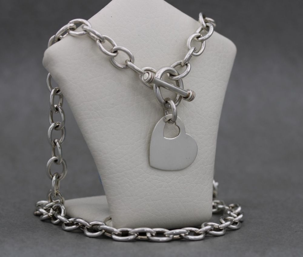 Heavy sterling silver heart charm toggle necklace