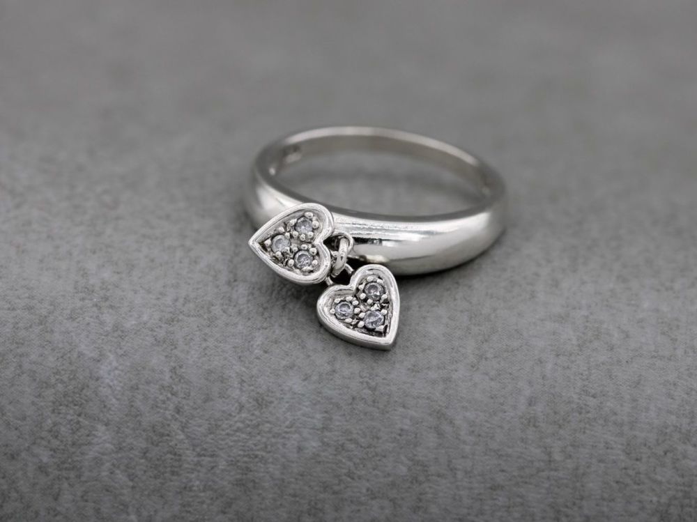 Sterling silver double heart charm ring with clear stones