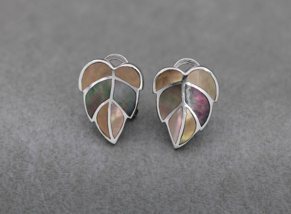 Sterling silver leaf earrings with mother of pearl inlay