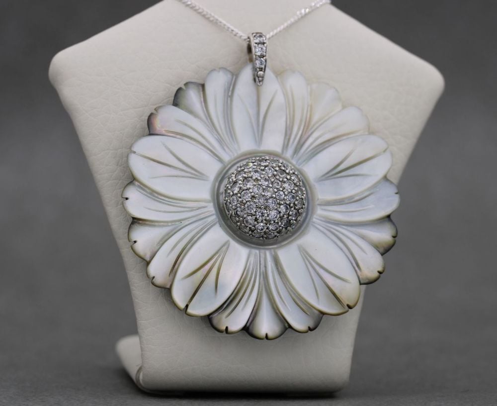 Huge sterling silver & carved mother of pearl flower necklace with clear st