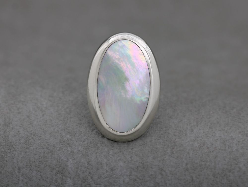 Long oval sterling silver & mother of pearl ring