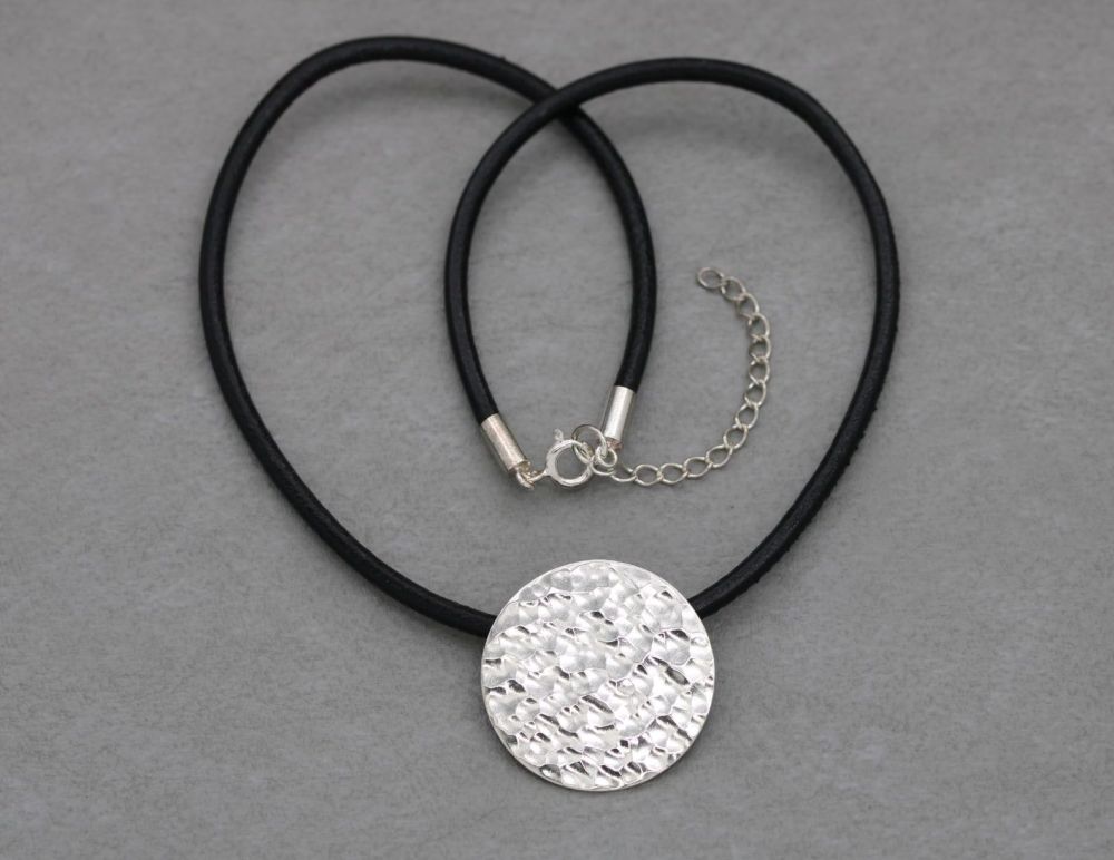 Handmade textured sterling silver & black leather thong necklace