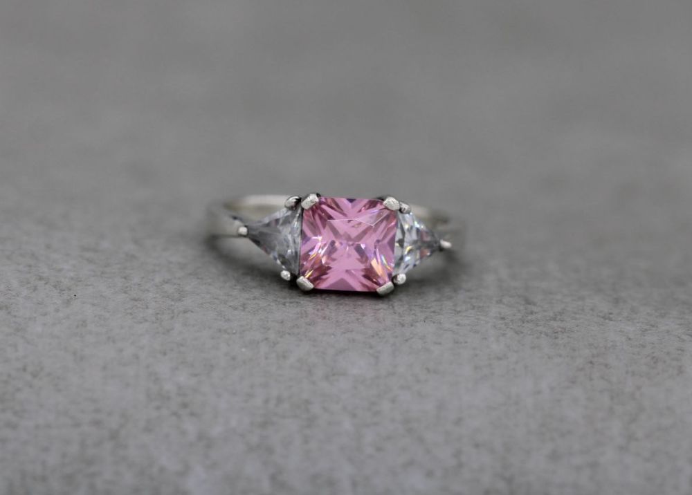 Sterling silver ring with pink & clear stones