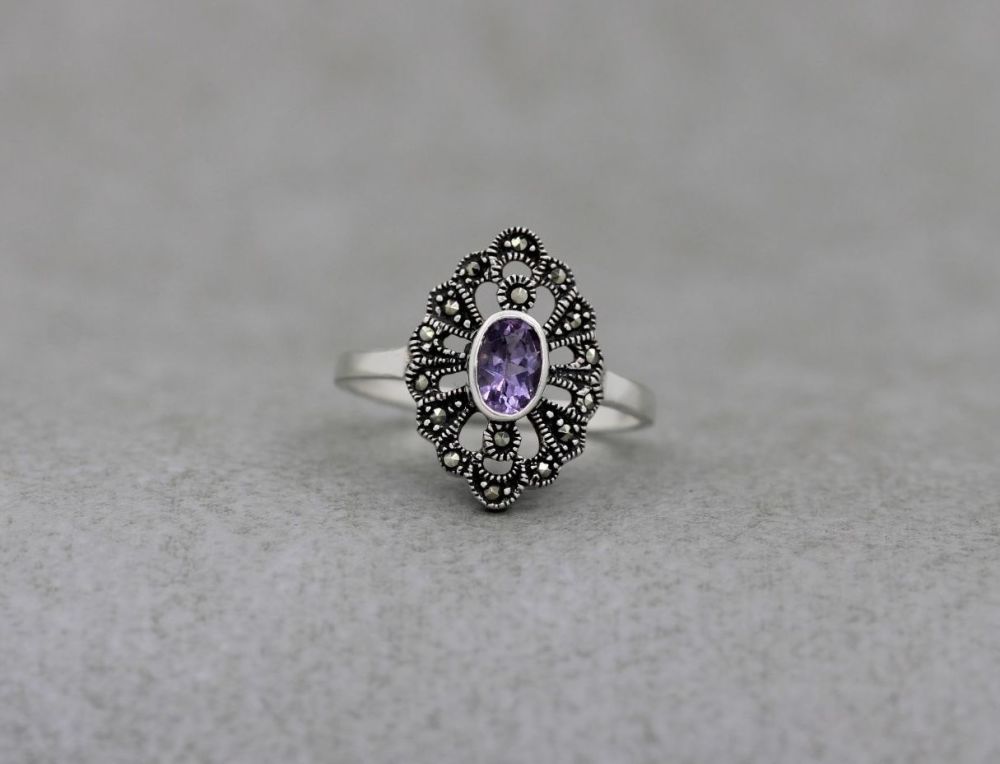 Sterling silver, marcasite & amethyst ring