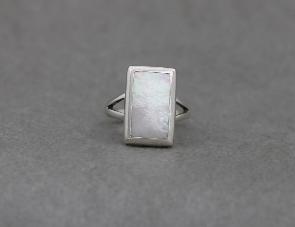 Rectangular sterling silver & mother of pearl ring