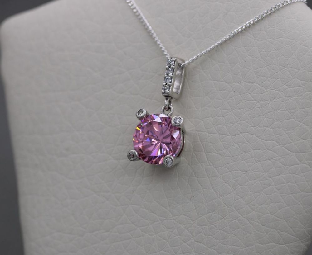 Sterling silver & pink stone solitaire necklace with accents