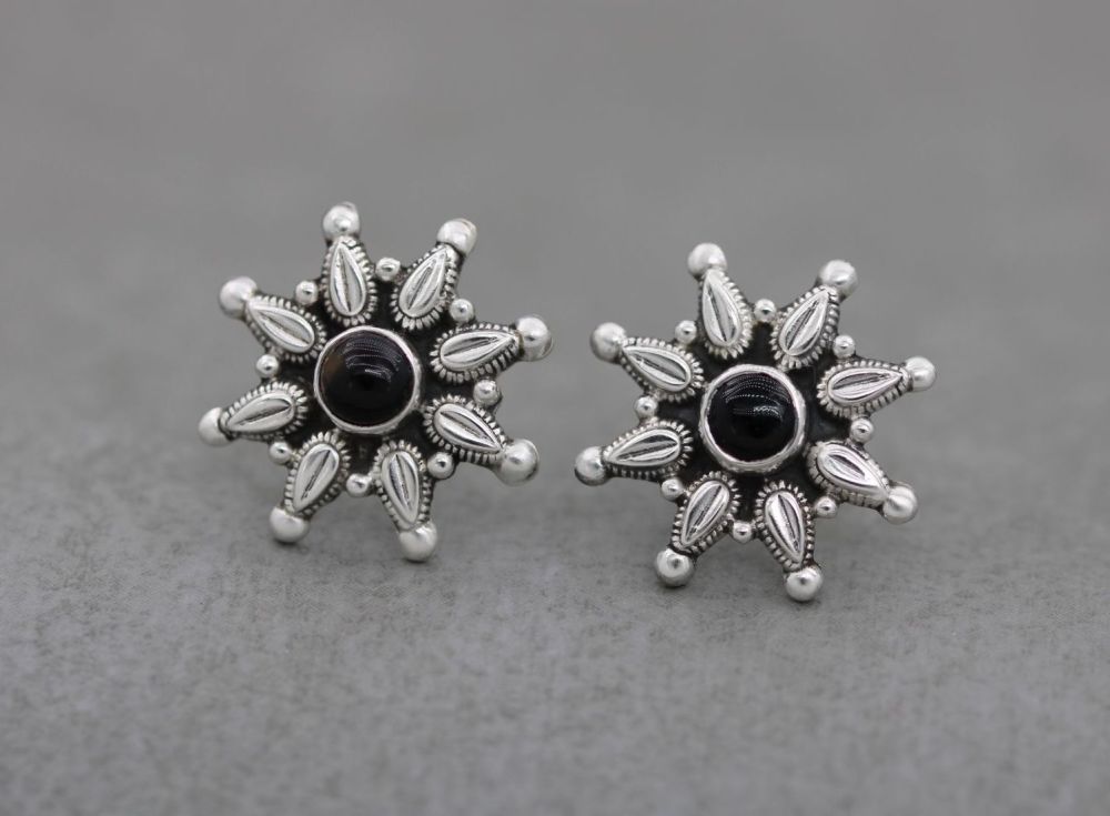 Handmade sterling silver & black onyx starburst stud earrings
