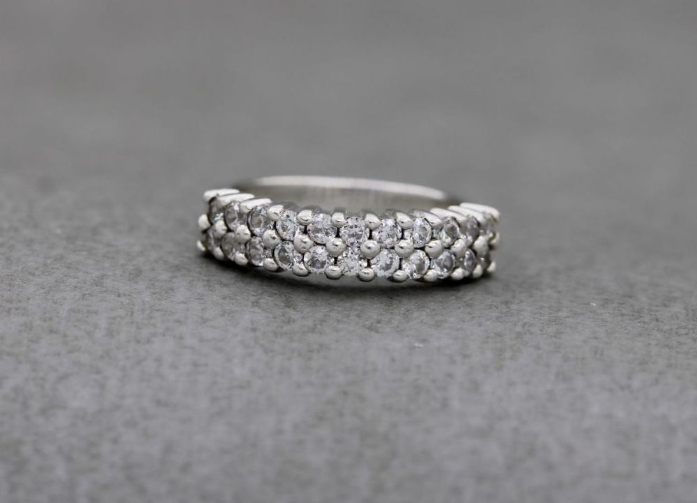 Sterling silver ring with two rows of clear stones