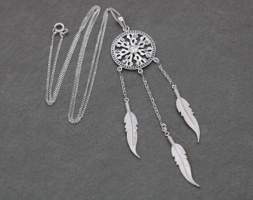 NEW Long sterling silver dream-catcher necklace with feather & clear stone detail