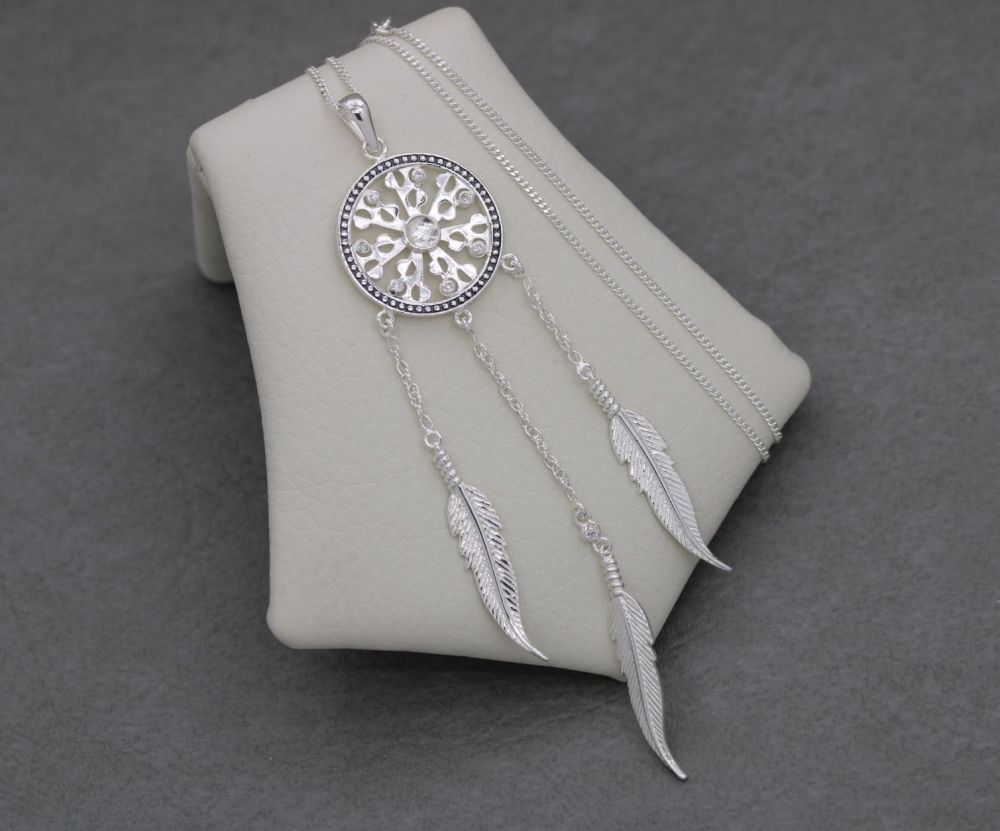 Long sterling silver dream-catcher necklace with feather & clear stone deta