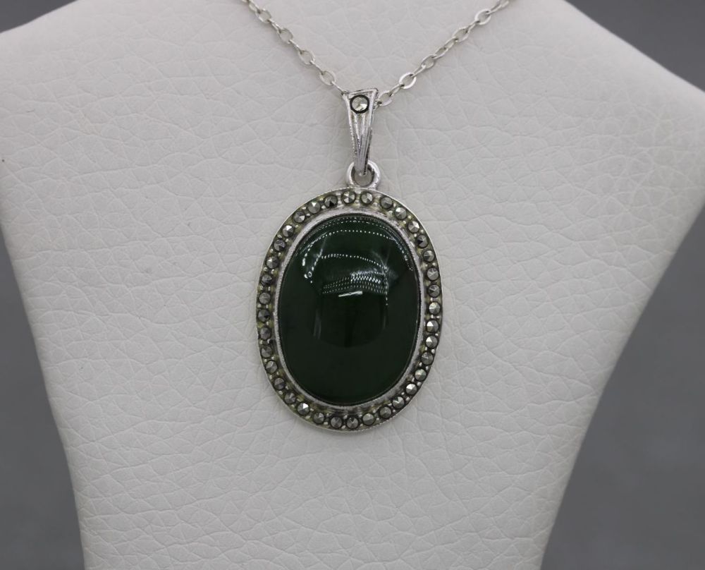 Sterling silver, nephrite & marcasite necklace