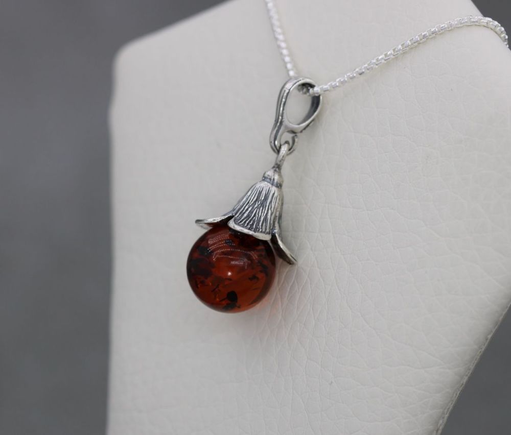 Sterling silver & pressed amber flower dropper necklace