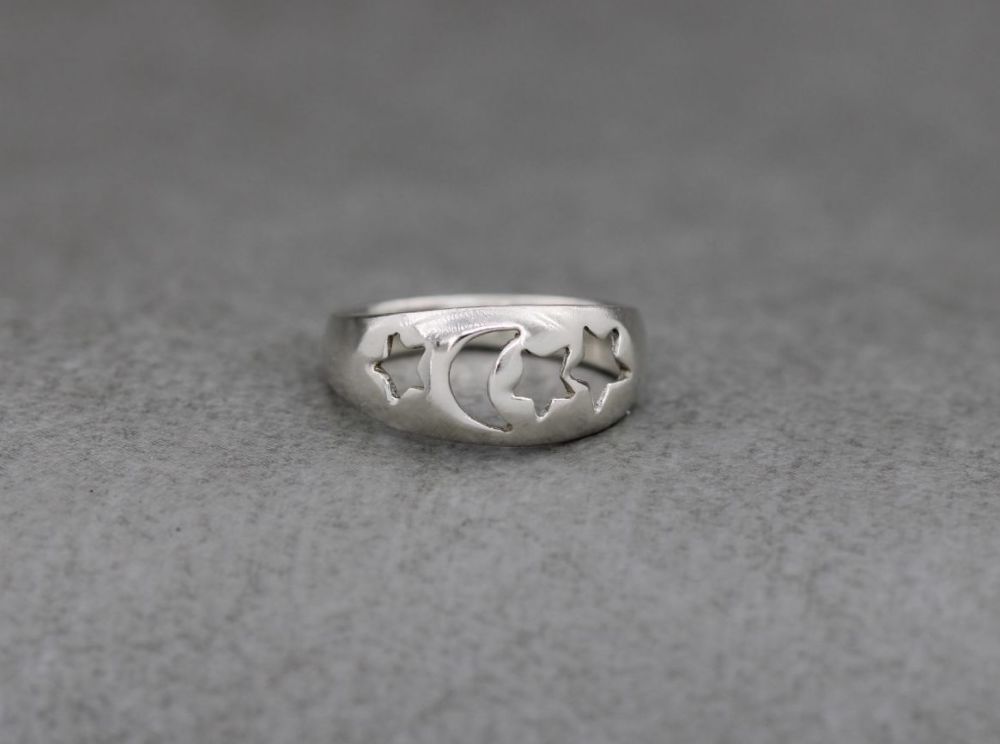 Domed sterling silver ring with cut-out moon & stars