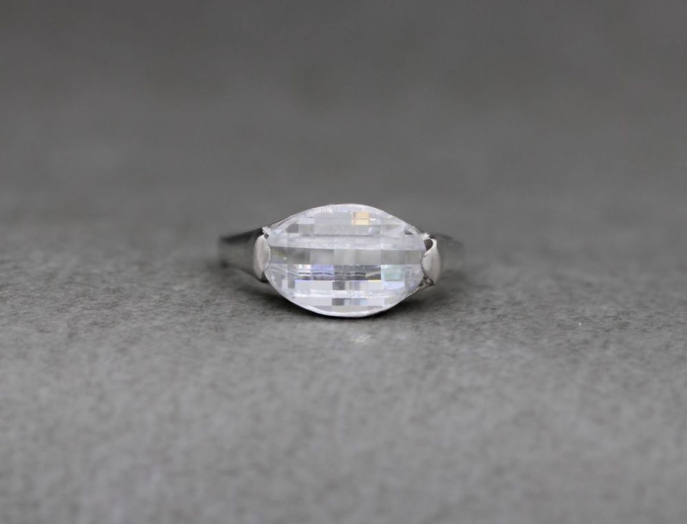 Unusual sterling silver & clear faceted crystal ring