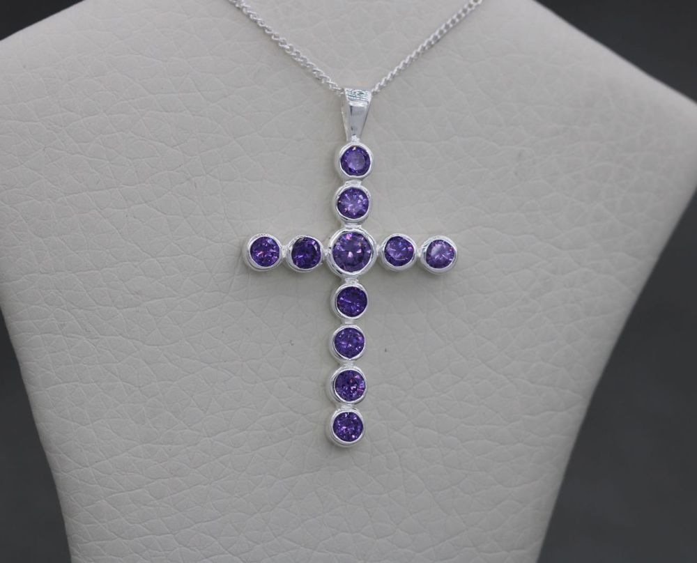 NEW Sterling silver & amethyst coloured stone cross necklace