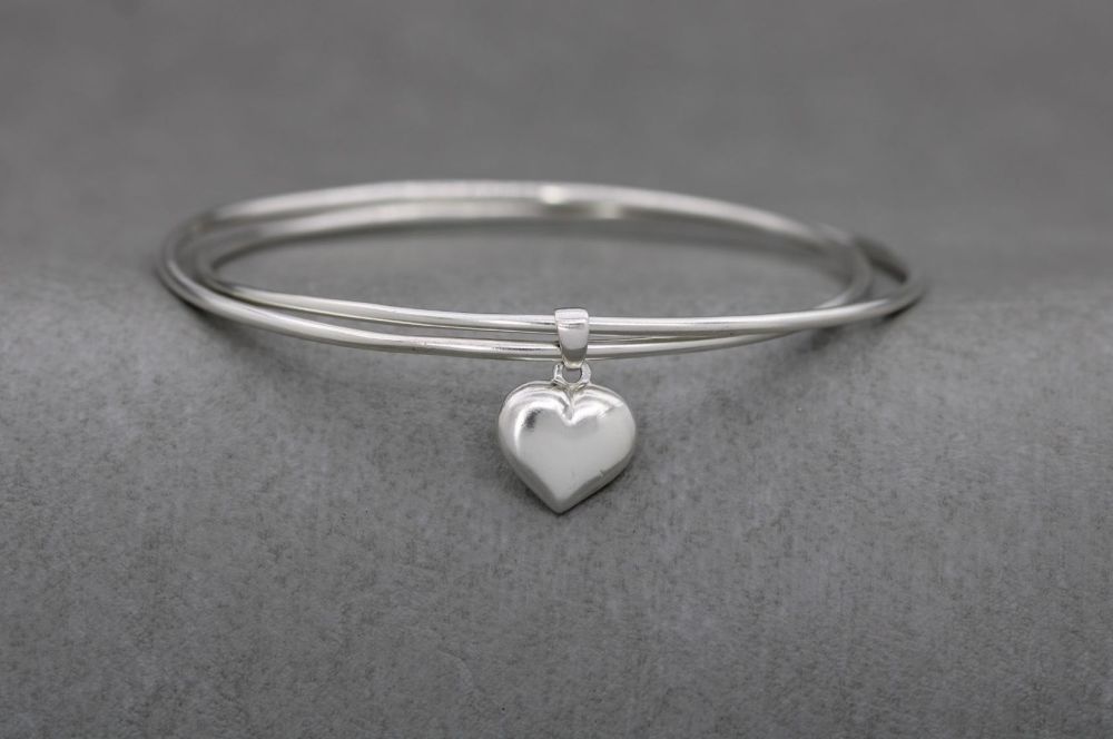 Sterling silver double bangle with heart charm