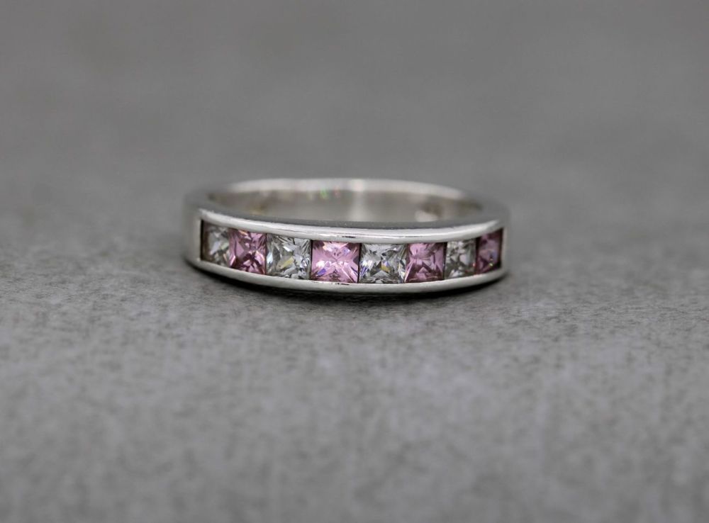Sterling silver ring with square pink & clear stones