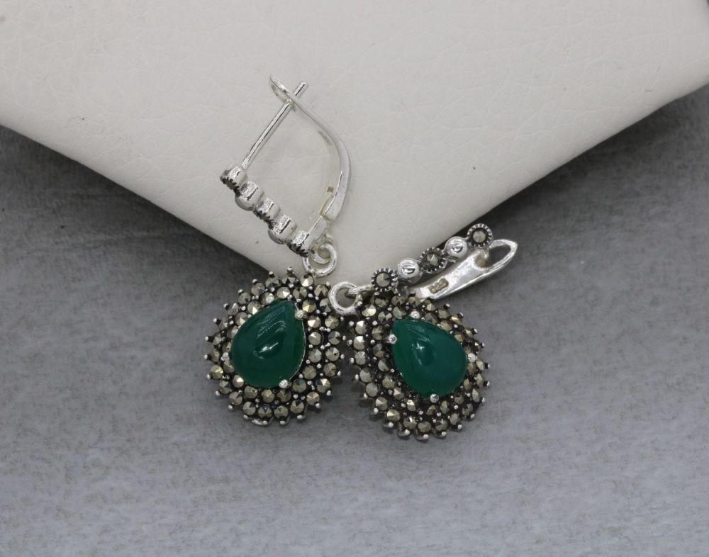 Sterling silver, marcasite & green gem dropper earrings