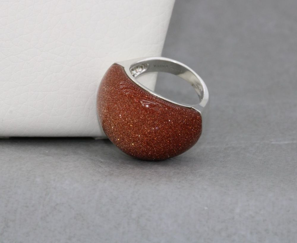 REFURBISHED Statement sterling silver & goldstone ring (O)