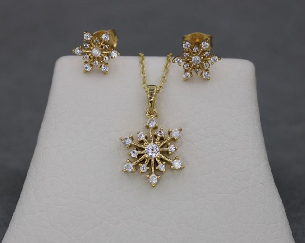 NEW Gold plated sterling silver & clear stone snowflake set; necklace and stud earrings