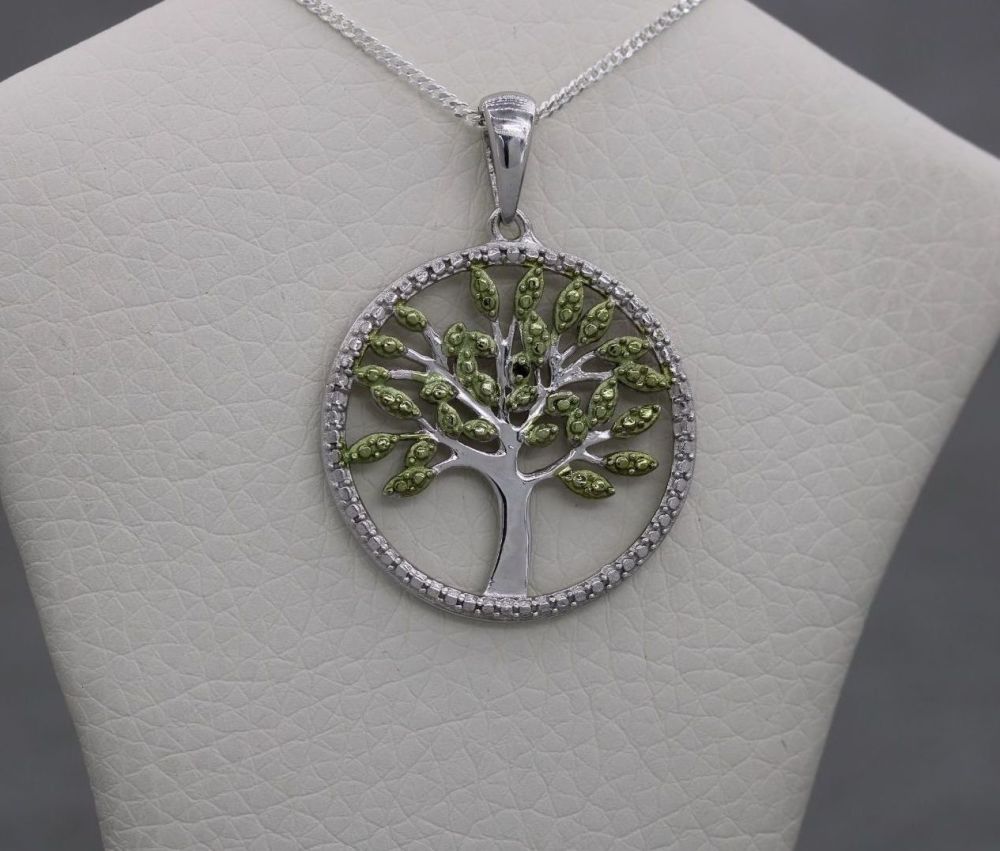 NEW Sterling silver & dinky green diamond tree of life necklace