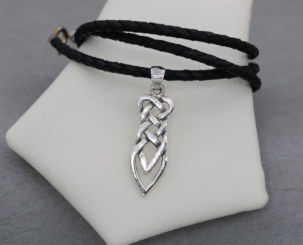 NEW Sterling silver celtic knot & woven black leather necklace (20” chain)