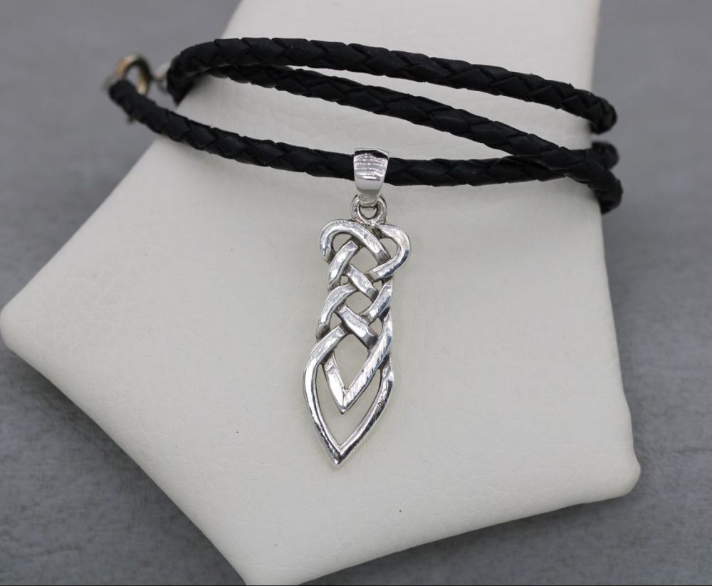 NEW Sterling silver celtic knot & woven black leather necklace (22” chain)