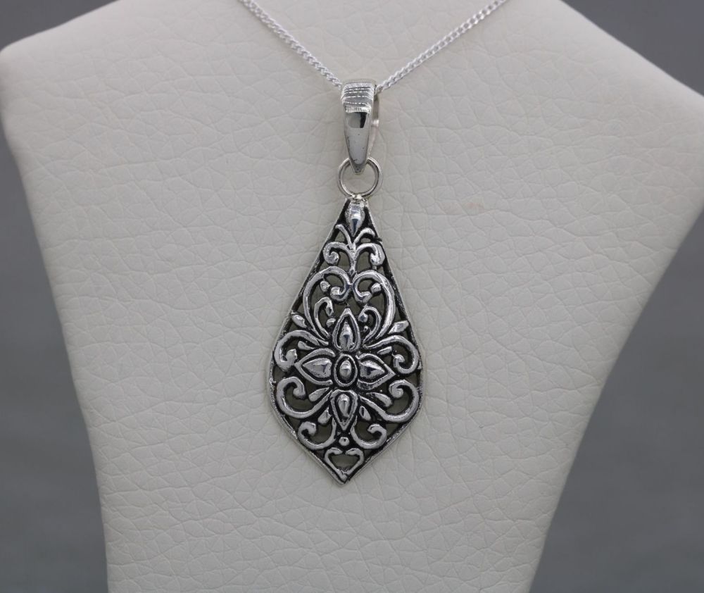 NEW Sterling silver fancy scroll teardrop necklace