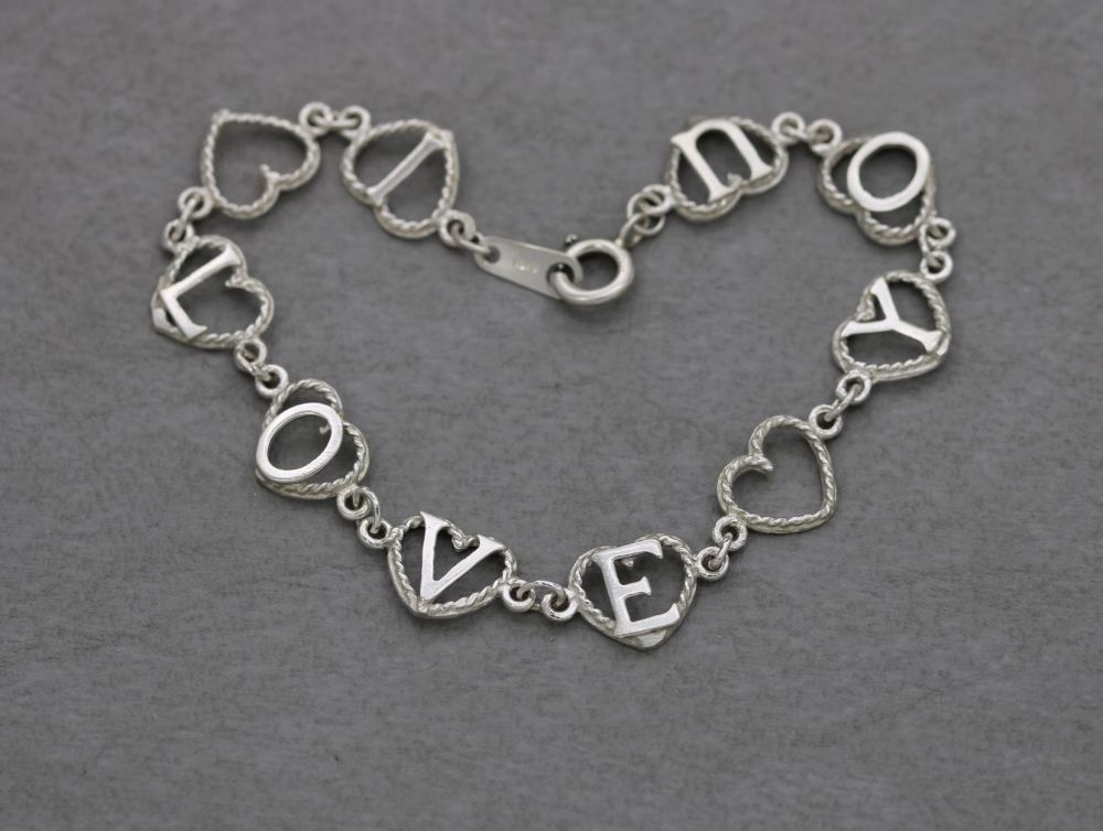 Vintage sterling silver 'I Love You' hearts bracelet