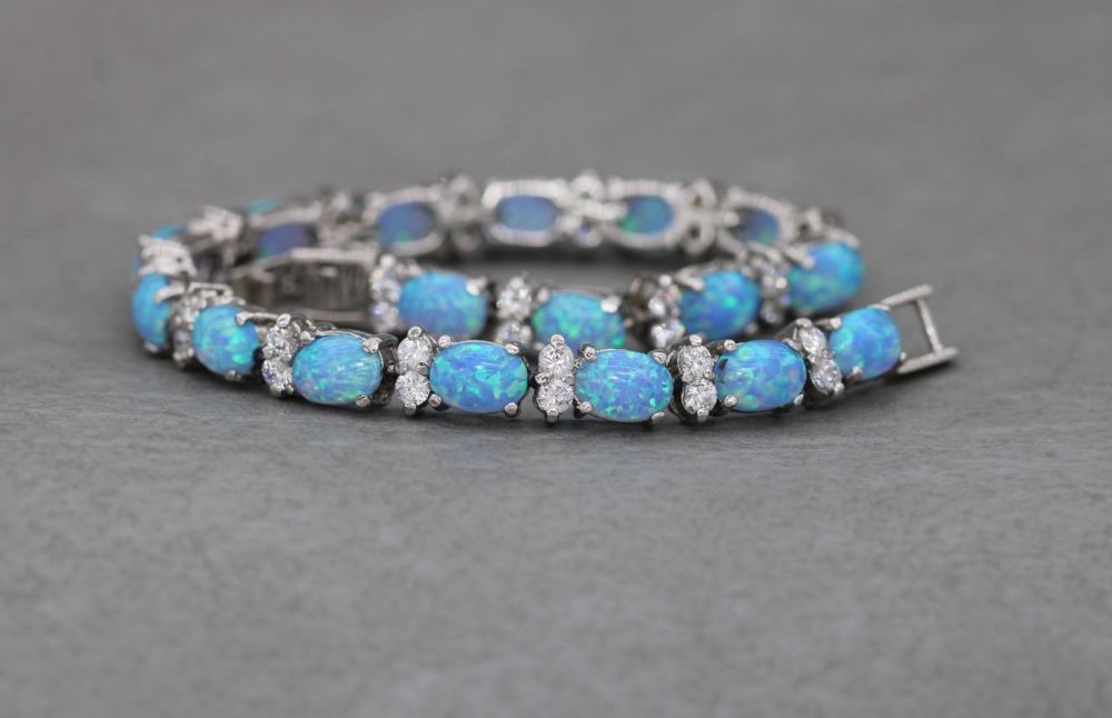 NEW Sterling silver, imitation blue opal & clear stone tennis bracelet