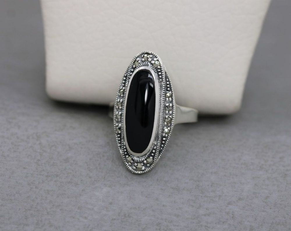 Sterling silver, black onyx & marcasite ring