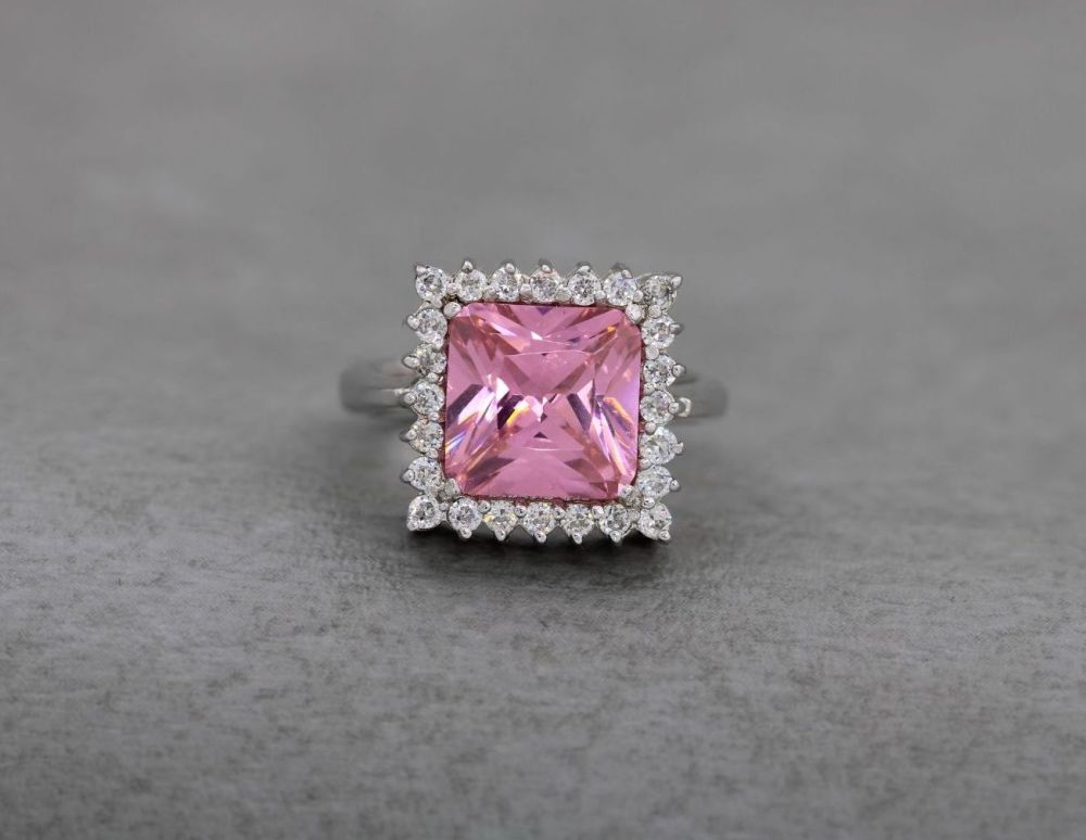 NEW Sterling silver ring with a square pink stone & clear accents